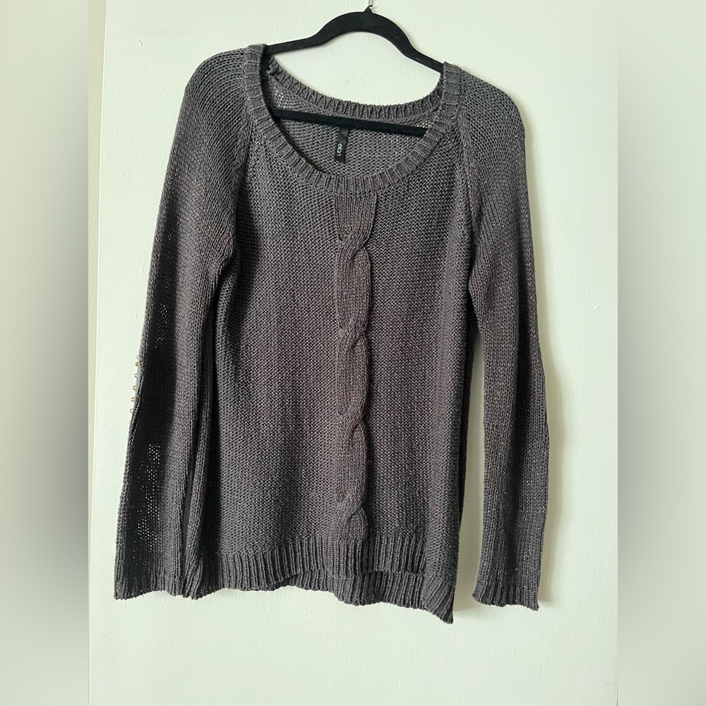 Muted Blue/Grey Woman’s Sweater with copper twine detail & studded elbow patches